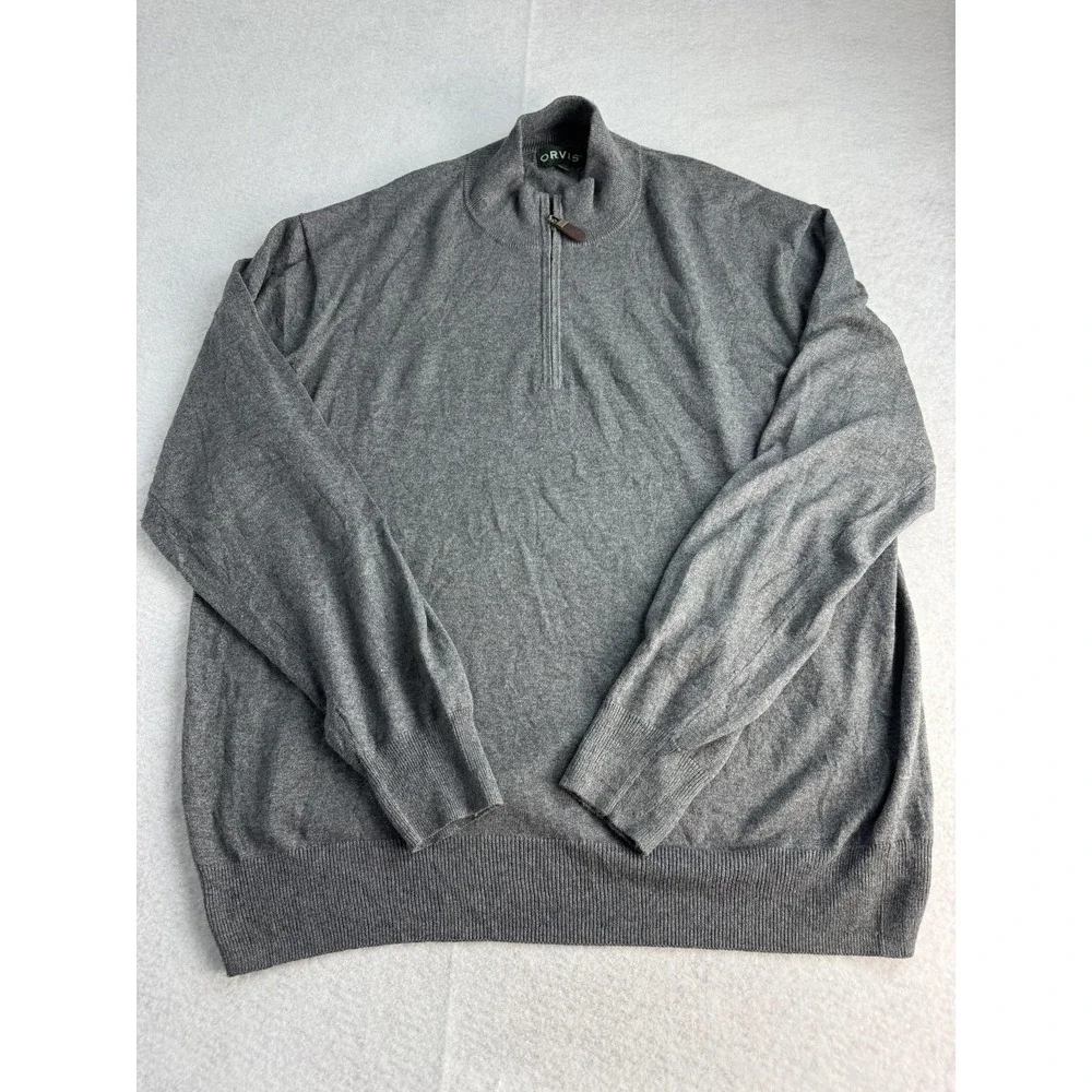 Orvis Sweater Mens XL Gray Cotton Silk Cashmere Quarter Zip Mock Neck Pullover‎